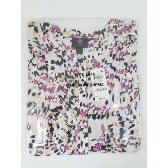 JM Collection Printed Pleat-Back Top Pink Dahlia Combo M - Picture 2 of 3